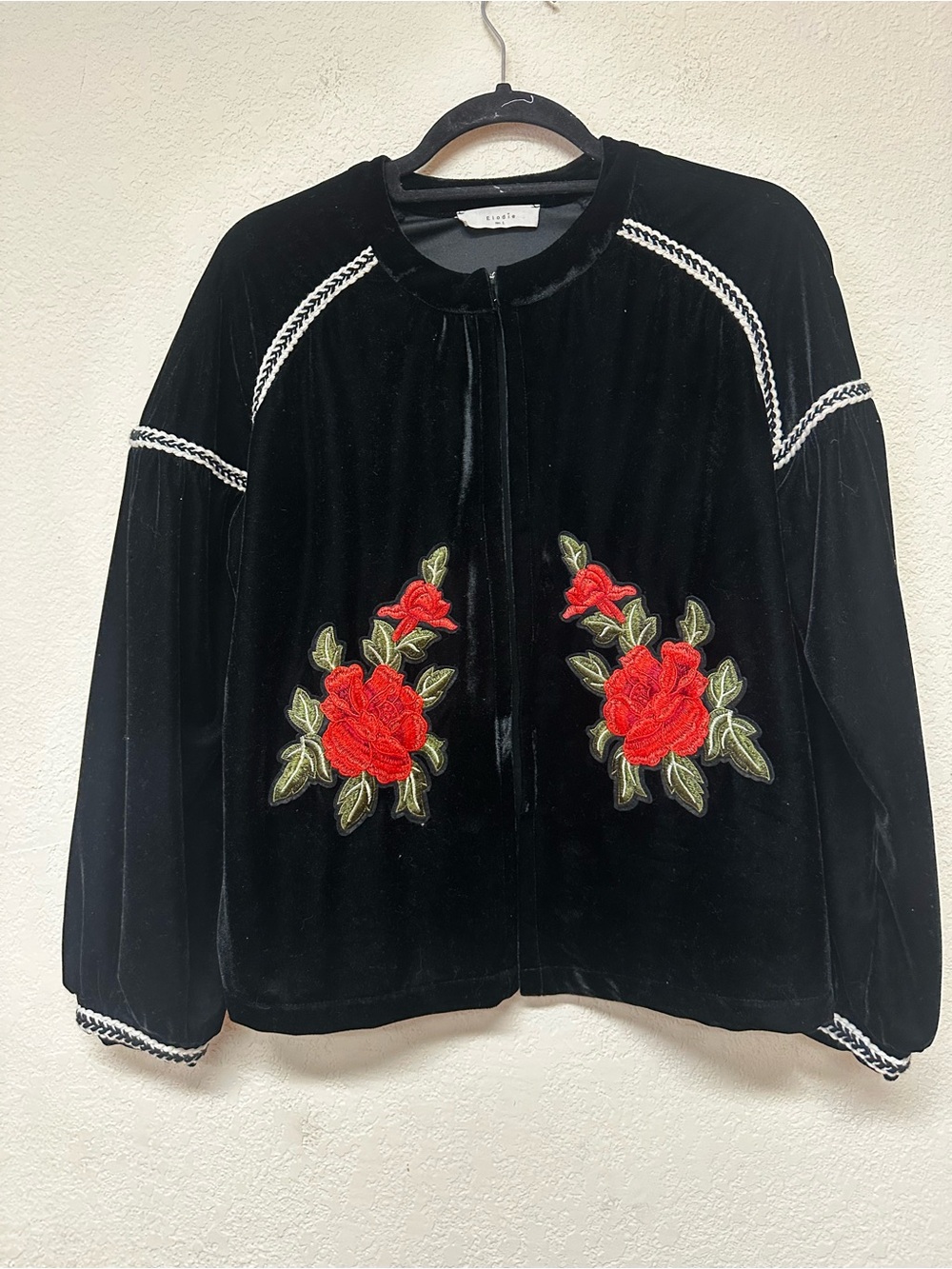 Elodie Black Velvet Cardigan with Red Rose Embroidery size L